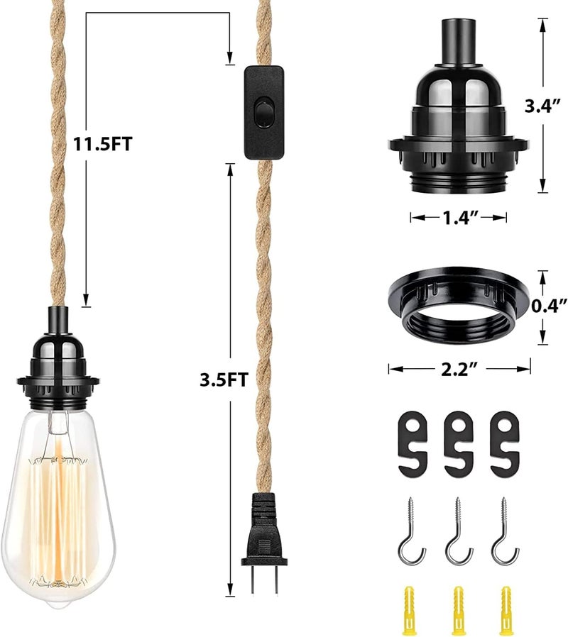 CAFULAM Industrial Hanging Light with Plug in Cord - Hemp Rope On/Off Switch, Farmhouse Pendant Light for Dining Room - Image 4